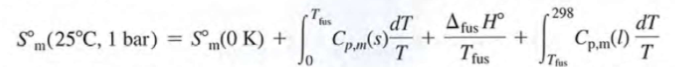 <p>determination of absolute 3rd law entropies</p><p>driben reversibly at constant ptrssure associated with deltaphiH=qrev → deltaphiS=deltaphiH/Tphi</p><p>Third law entropy Som liquid at 24C, Cp=infinity</p><p>For gas: 0→T: solid Tm→Tb: liquid Tb→infinity gas</p>