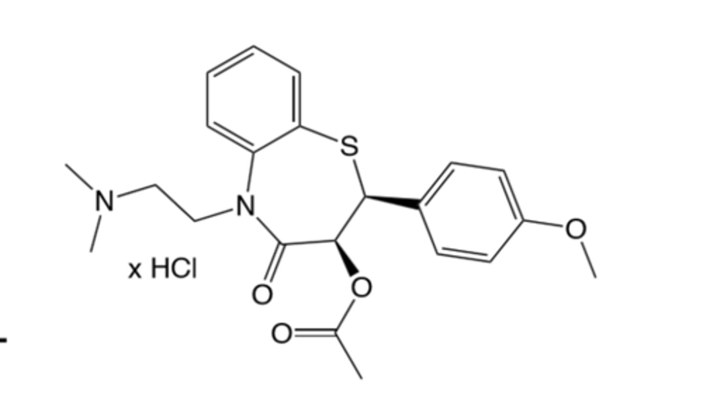<p>Benzothiazepine</p><p>Ok F, bad t1/2 but have a LA formulation</p><p>Metabolized in liver by CYp3A4 into active metabolite (2 METABOLITES)</p><p>Metabolites are des methyl and des acetyl</p><p>Has S+N</p><p>Is metabolized on the plain nitrogen or remove the ester underneath the bunny ear Os.</p><p>Brand name is Cardizem</p>