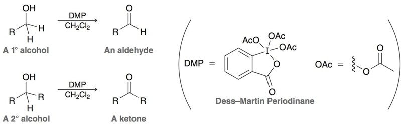 <p>Oxidizing reagent. DMP (Dess-Martin Periodane) oxidizes primary alcohols to aldehydes and secondary alcohols to ketones. </p>