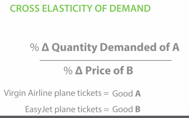 <p>The responsiveness if demand for one product (A) to the change in price of another product (B)</p><p>%change in price demanded of A/ % change in price of B.</p><p>Tells us how quantity demanded of good A responds when the price of another good (B) changes. </p><p>Complements: IPHONES: GOOD A , IPHONE APPS: GOOD B Decrease in price of iPhone apps, %change in price negative, quantity demanded of good A will increase because price of iPhone apps B gets cheaper, consumers will increase demand for iPhone for cheaper apps able to download. XED WILL BE NEGATIVE. </p><p>If increase in price of good B, quantity demanded of good A will decrease.</p><p>Substitutes: When price of good B, Samsung rises, QD of iPhone will increase.</p><p>When price of good B decreases, QD of iPhone, good A will decrease. YED IS POSITIVE. </p><p>XED= O. We have unrelated goods. Change in price of one of the goods has no effect on the quantity demanded of the other. </p><p>COMPLEMENTS HAVE NEGATIVE XED</p><p>SUBSTITUES HAVE POSITIVE XED</p><p>UNRELATED GOODS =XED 0</p>