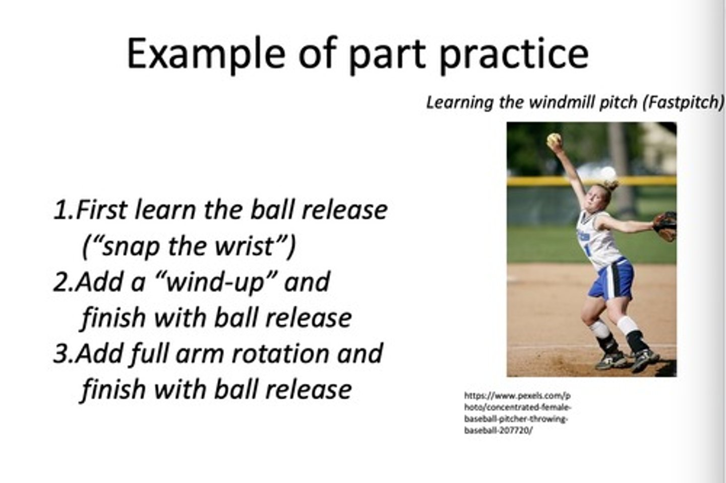 <p>a practice strategy that involved practicing of a skill broken down into small units</p>