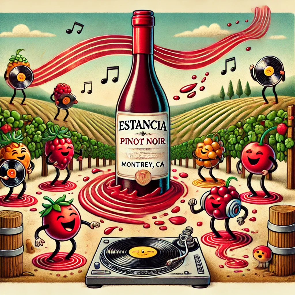 The scene showcases red cherry and strawberry characters in a lively dance-off on earthy-textured dance floors, with a medium-bodied wine bottle DJing smooth wine waves. Friendly mushrooms cheer from the sidelines, and a flowing wine ribbon leads to a balanced horizon, symbolizing the wine's smooth and complete finish. This playful depiction captures the wine's lively and well-rounded personality