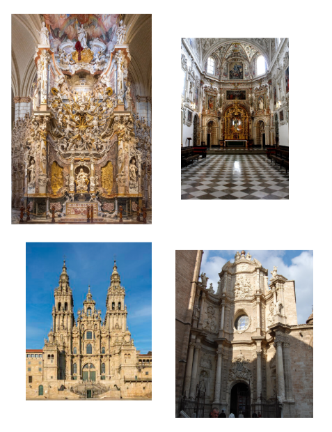 <ul><li><p><span style="background-color: transparent;"><u><span>El Transparente, Catedral de Toledo (Tomé)</span></u><strong><span>:</span></strong><span> Tomé creó una escenografía enmarcada por columnas que se empequeñecen para sugerir alejamiento. El conjunto es iluminado por un torrente de luz procedente de una linterna oculta.</span></span></p></li></ul><ul><li><p><span style="background-color: transparent;"><u><span>Capilla del Sagrario de la Cartuja de Granada</span></u><strong><span>:</span></strong><span> La decoración de estilo churrigueresco. La sobreabundancia de molduras y relieves difumina la estructura.</span></span></p></li></ul><ul><li><p><span style="background-color: transparent;"><u><span>Catedral de Santiago de Compostela</span></u><span>: culminación de la arquitectura monumental barroca española. La fachada principal es descrita como un asombroso mundo escultórico churrigueresco.</span></span></p></li></ul><ul><li><p><span style="background-color: transparent;"><u><span>Fachada Catedral de Valencia (Rodulfo)</span></u><span>: Al curvarse, aumenta su grandiosidad. Así pudo construir una fachada de tres ejes cuyo cuerpo central es convexo y los laterales cóncavos, produciéndose ese juego de curva y contracurva típico del último barroco europeo. Las columnas las dispuso mirando al espectador, lo que aumenta el aspecto escenográfico. </span></span>La fachada se encuentra embutida entre un edificio y la torre de la propia catedral. Entablamentos curvos (simil Borromini). La planta es interesante por su superficie muraria. Predomina la decoración escultórica de carácter teatral</p></li></ul><p></p>