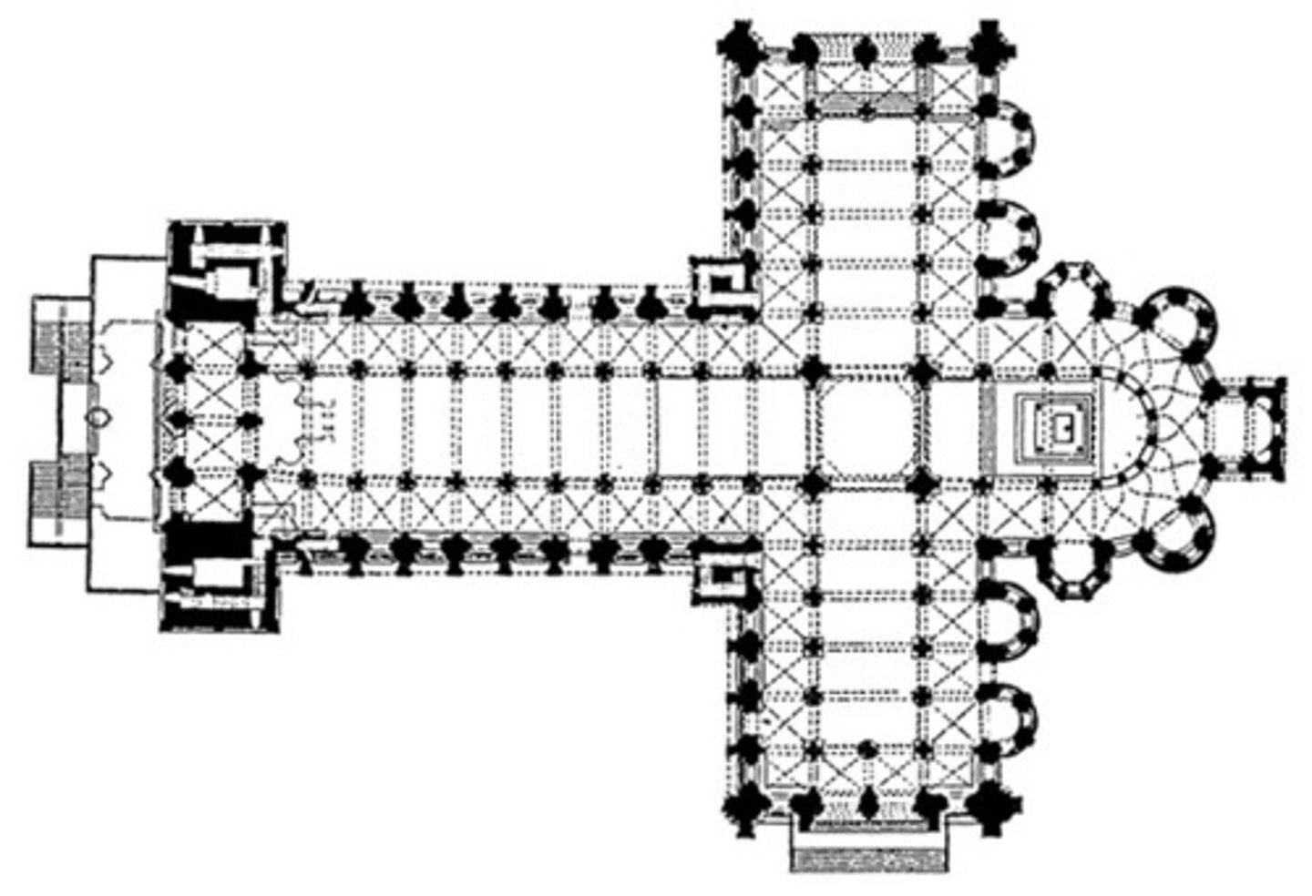 <p>a cross-shaped floor-plan; not typically seen until the Gothic era</p>