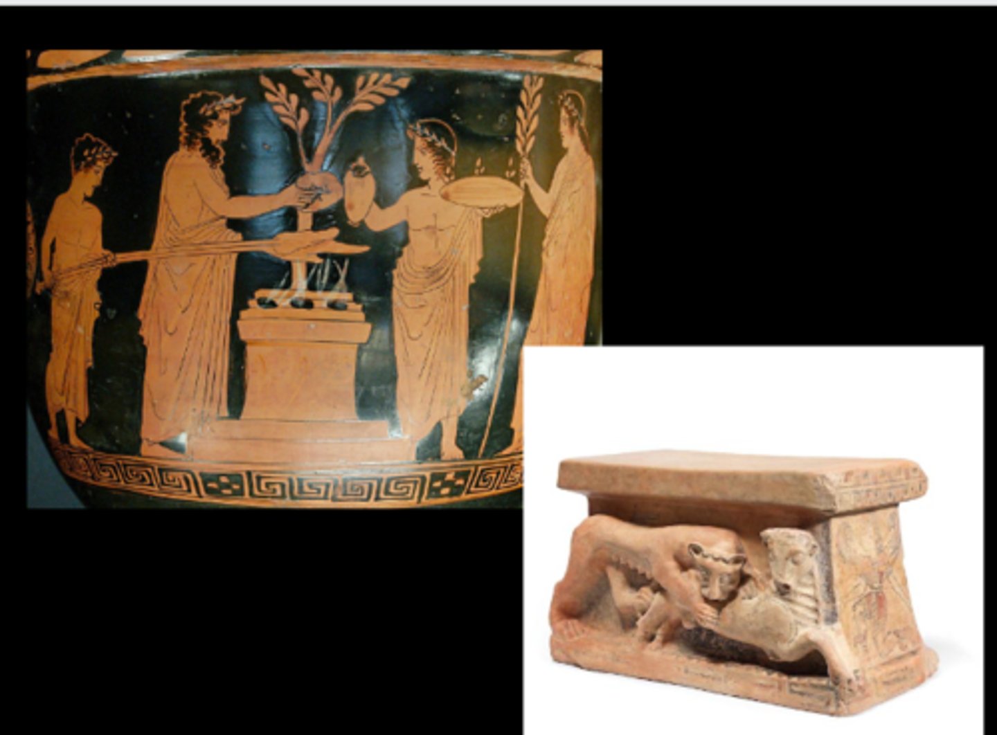 <p>a. Sacrifice place, most important site; sometimes inside Greek temples</p><p>b. Sacrifices were huge, people believed in larger sacrifices of more important things</p><p>c. Scent was very important to ritual sacrifices</p>