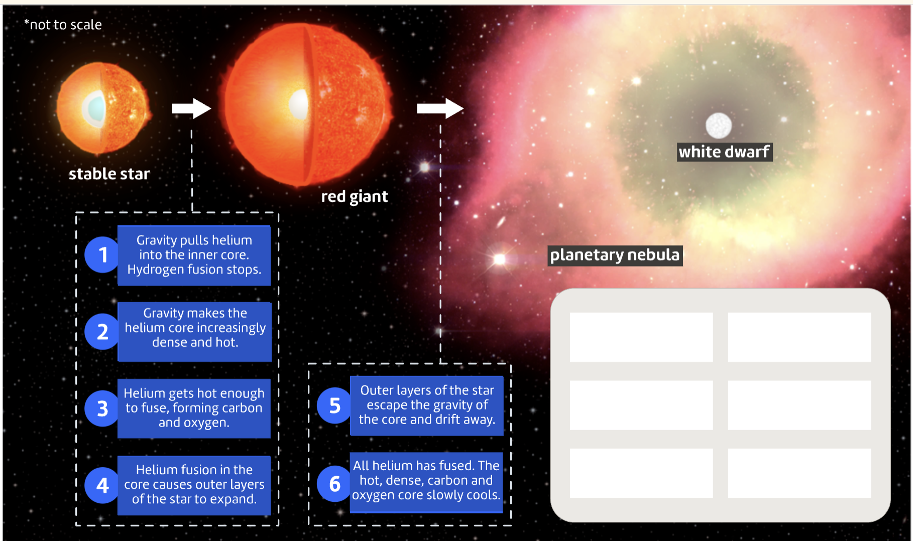 <p>1. Helium gets hot enough to fuse, creating carbon &amp; oxygen. This makes the outer layers expand and the stable star becomes a <strong>Red Giant.</strong><br>2. Outer layers of the star escape the gravity of the core and drift away, forming a <strong>planetary nebula.</strong><br>3. All that remains is the core, which is made up of hot &amp; dense carbon and oxygen. This core is known as a <strong>white dwarf.</strong></p>