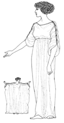 Sleeved style of chiton, longer, fuller, fastened with many small brooches at shoulder, intricately draped.