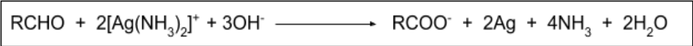 <ul><li><p>Silver complex [Ag(NH3)2]+ is reduced by aldehydes to form silver atoms</p></li></ul><p></p>