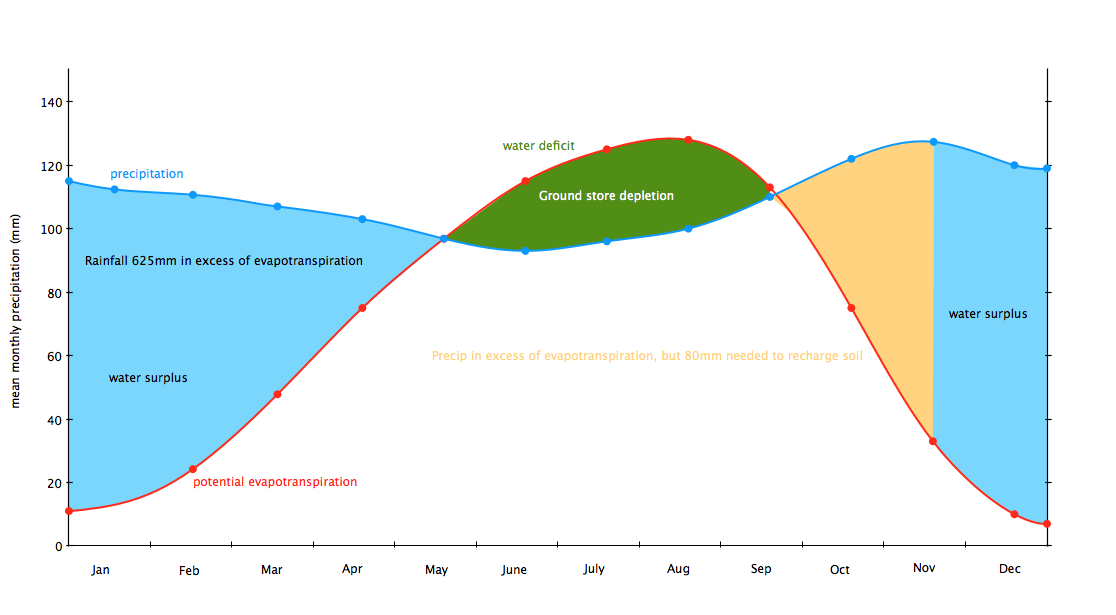 <ul><li><p>shows balance between inputs and outputs </p></li><li><p>in wetter seasons precipitation exceeds evapotranspiration which will create a water surplus </p></li><li><p>in drier seasons precipitation is lower than evapotranspiration so ground stores get depleted </p></li><li><p>so at the end of dry season there is a deficit of water in ground recharged in the next wet season </p></li></ul><p></p>