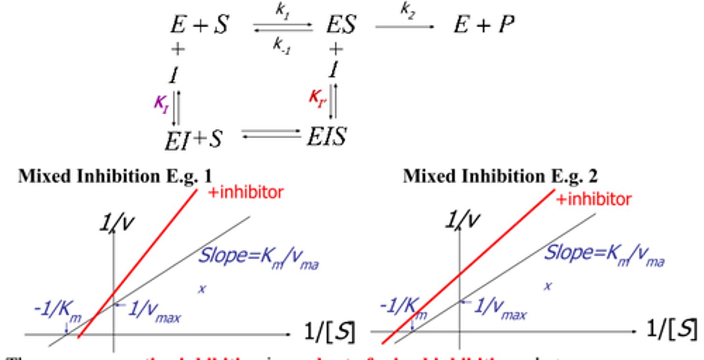 <p>decreased vmax, increased/decreased km</p><p>binds at allosteric site, better affinity than substrate</p><p>type I: prefers to bind ES complex, so decreased Km</p><p>type II: prefers to bind E alone, so increased Km</p>