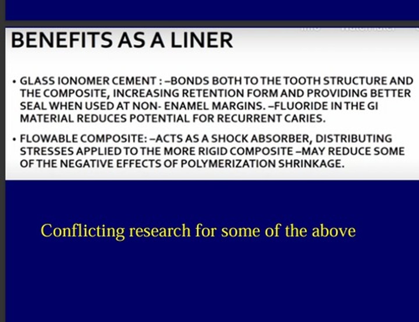 <p>bonds both to tooth structure and the composite</p><p>increased retention form</p><p>provides better seal when used at non-enamel margins</p><p>fluoride in GI material reduces recurrent caries</p><p>(*some conflicting research)</p>