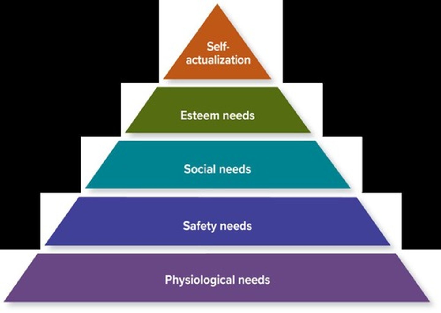 <p>Physiological needs, safety needs, social needs, esteem needs, and self-actualization needs.</p>