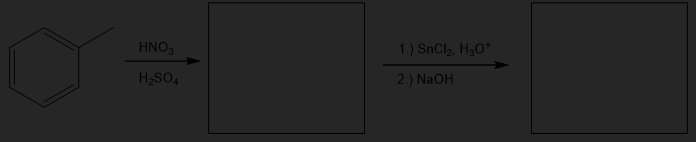 <p>Fill in the products for the following multi-step reaction. The first reaction is nitration of benzene, followed by a reduction reaction.</p>
