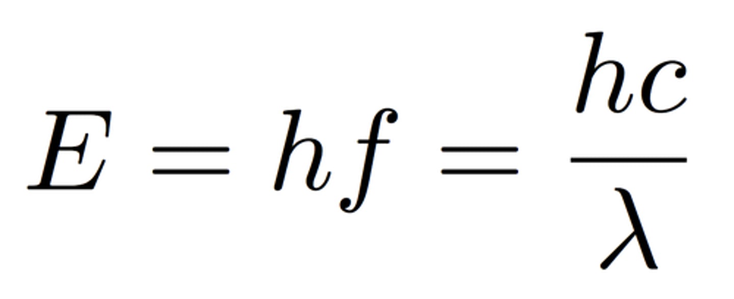 <p>c=(lambda)(nu)</p><p>E = photon energy</p><p>h= Planck constant = 6.6261 x 10^-34 J*S</p><p>c = speed of light = 3 x 10^8 m/s</p><p>lambda = photon wavelength</p><p>nu = photon frequency</p>
