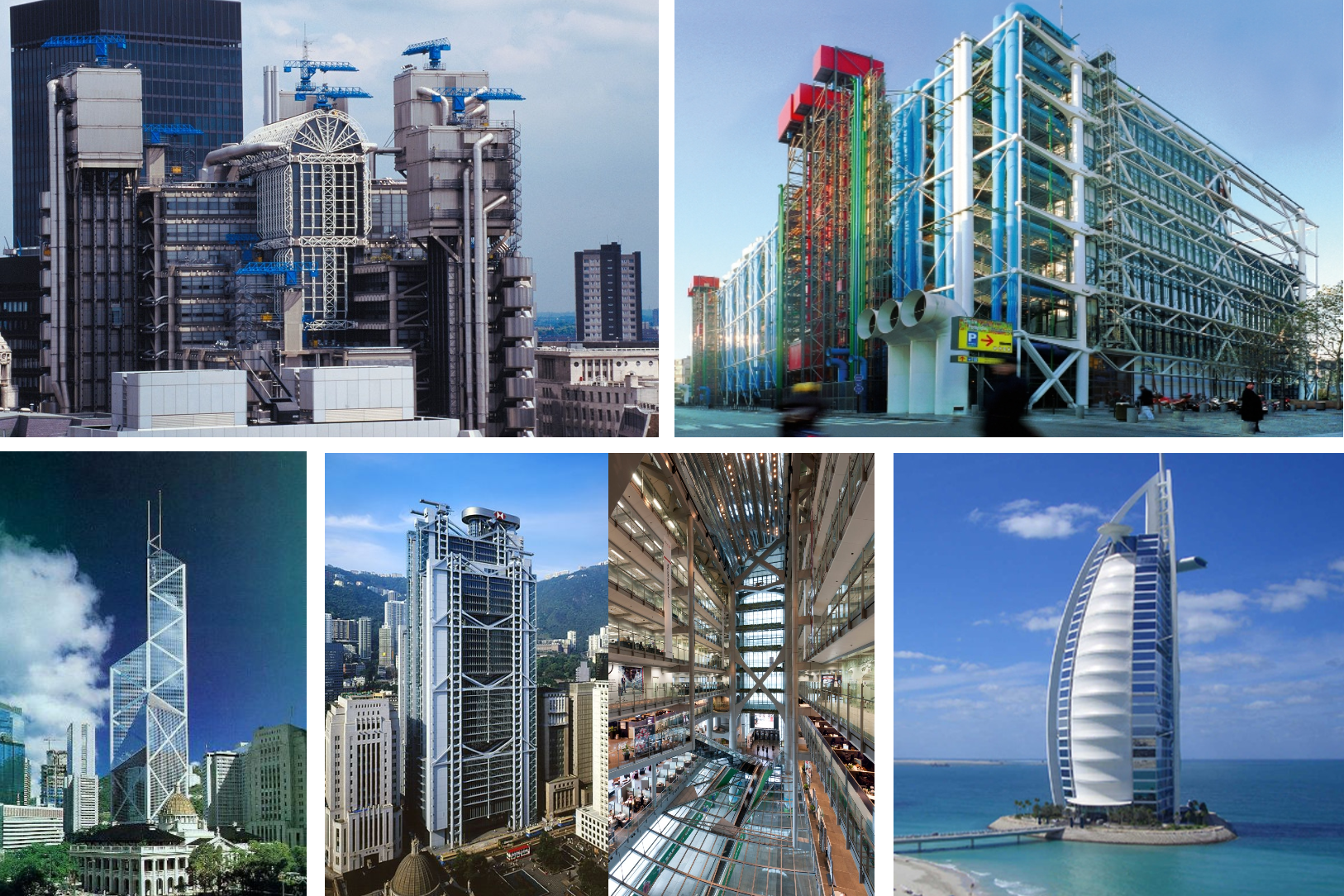 <ul><li><p><strong>structural expressionism</strong></p></li><li><p>aimed to achieve <span>a new industrial aesthetic inspired by technological progress and the computerization of industry</span></p></li><li><p><span>traditional construction methods (like brickwork) are abandoned in favor of new materials and techniques, such as steel, light metal panels, glass, and plastic derivatives.</span></p></li><li><p><strong>Lloyds of London by Richard Rogers </strong></p></li><li><p><strong>Centre Georges Pompidou by Renzo Piano and Richard Rogers</strong></p></li><li><p><strong>Bank of China Tower by I.M. Pei</strong></p></li><li><p><strong>HSBC Headquarters and interior, Hong Kong, by Sir Norman Foster</strong></p></li><li><p><strong>Burj Al Arab by Tom Wright</strong></p></li></ul><p></p>