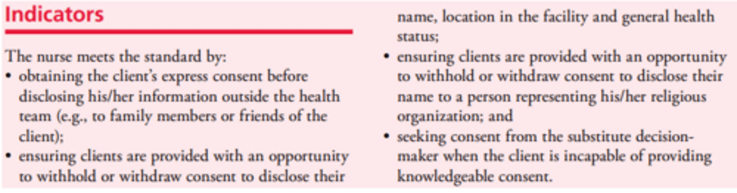 <p>- Nurses ensure that clients are aware of their rights concerning their personal health information and have expressly consented to the collection, use and disclosure of information outside the health care team</p>