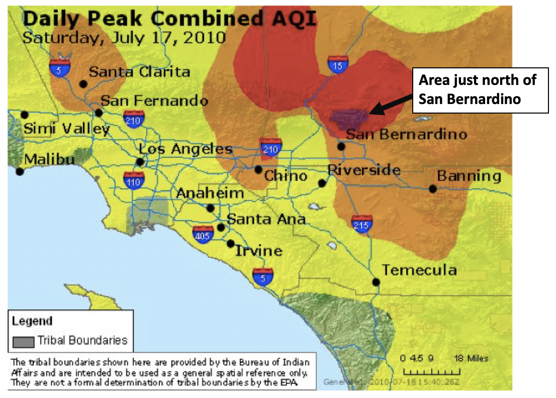 Above is the AQI map of the Los Angeles area on a particular day.

What is the Combined AQI Level in **Anaheim**?

What is the Combined AQI Level in the mountains just **north of San Bernardino**?
