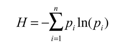 <p>H = Shannon index of diversity</p><p>n = number of species present</p><p>i = identities of each species&nbsp;</p><p>pi = fraction of all species that is species i&nbsp;</p>