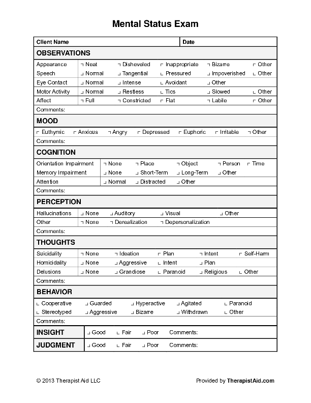 <p>respondent appearance, behavior, mood, affect, thought processes, thought content, perceptual disturbances (psychosis), cognitive processes (memory, orientation), &amp; insight/judgement </p>