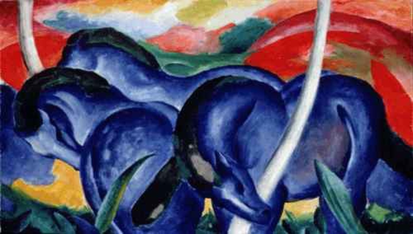 <p>eind 19e eeuw - begin 20ste eeuw</p><p>Duitse schilder en lid van Der Blaue Reiter, bekend om zijn dierenschilderijen.</p><p>Kenmerken van zijn werk:</p><p>Felle, symbolische kleuren</p><p>Dieren als zuiver en spiritueel symbool</p><p>Abstracte, vereenvoudigde vormen</p><p>Harmonie tussen natuur en ziel</p>