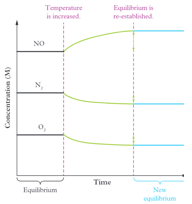 <p>Eg. N2 + O2 —&gt; 2NO deltaH = +180kJ</p><ul><li><p>A temp increase will shift the reaction to the <strong>right </strong>and K increases</p></li></ul><p></p>