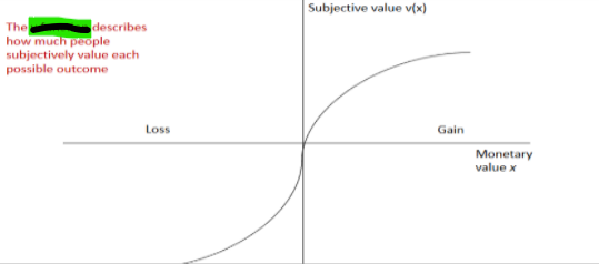 <p><span><strong>describes how much people </strong></span><span style="color: yellow"><strong><em>subjectively value each positive outcome</em></strong></span></p><ul><li><p><span><strong><em><mark data-color="red" style="background-color: red; color: inherit">loss plot line is steeper</mark></em></strong> than gain plot line (usually)</span></p></li></ul><p></p>