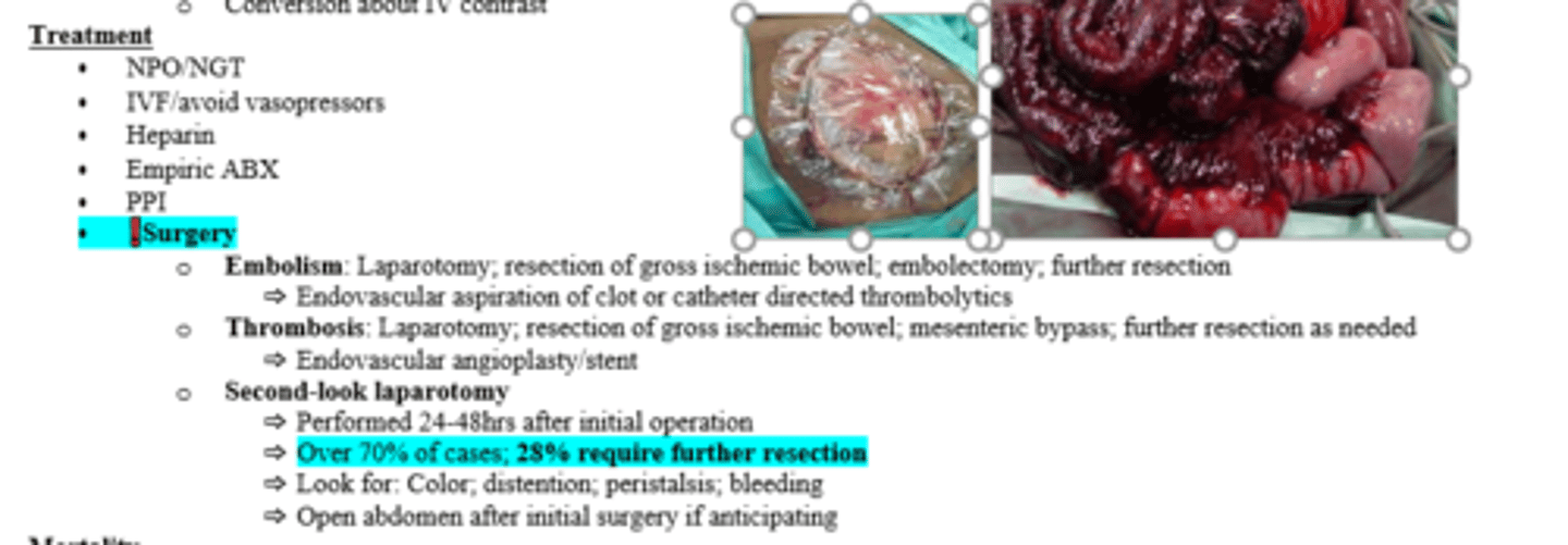 <p>Surgery (following NPO/NGT, IVF [avoid vasopressors], Heparin, Empiric Abx, PPIs)</p>