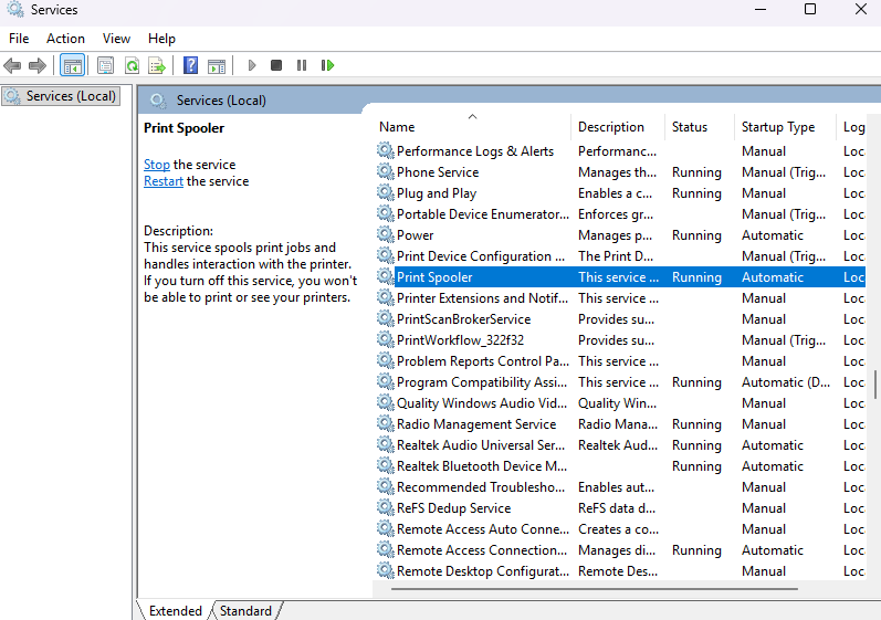 <ol><li><p>open the Run prompt</p></li><li><p>type “services.msc”, click enter</p></li><li><p>find the Print Spooler service in the Services window</p></li><li><p>right click it, depending on whether it is stopped or running, it will give you the option to start, stop, pause, or restart the service</p></li><li><p>you can right click (or double click) and go to properties to make additional configurations</p></li></ol><p></p>