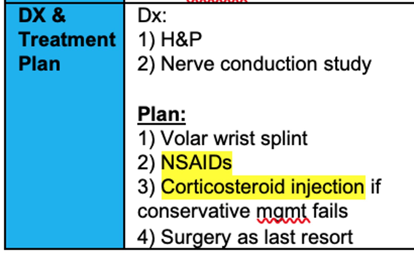 <p>X-ray if fracture is suspected</p><p>EMG = no response to conservative tx in 6-8 wks</p>