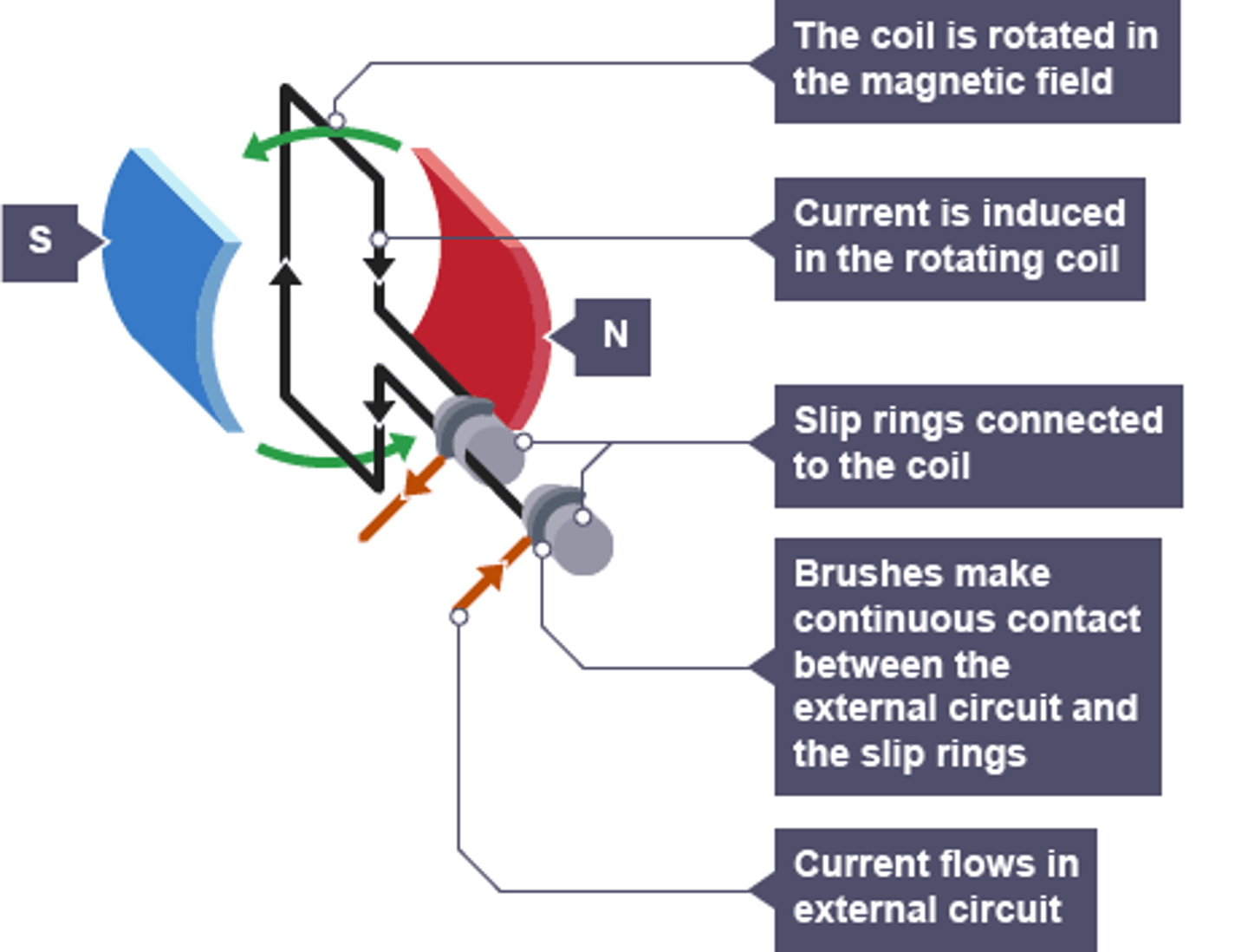 <p>Parts of generator - armature, slip ring, brush</p><p>Ac generator converts MECHANICAL energy into ELECTRIC energy. Armature rotates coil of wire in a magnetic field generating an alternating EMF(voltage) and current (Faraday's Law). The voltage is collected at the slip rings and sent out to the brushes. Circuit must be closed for the current to alternate.</p>
