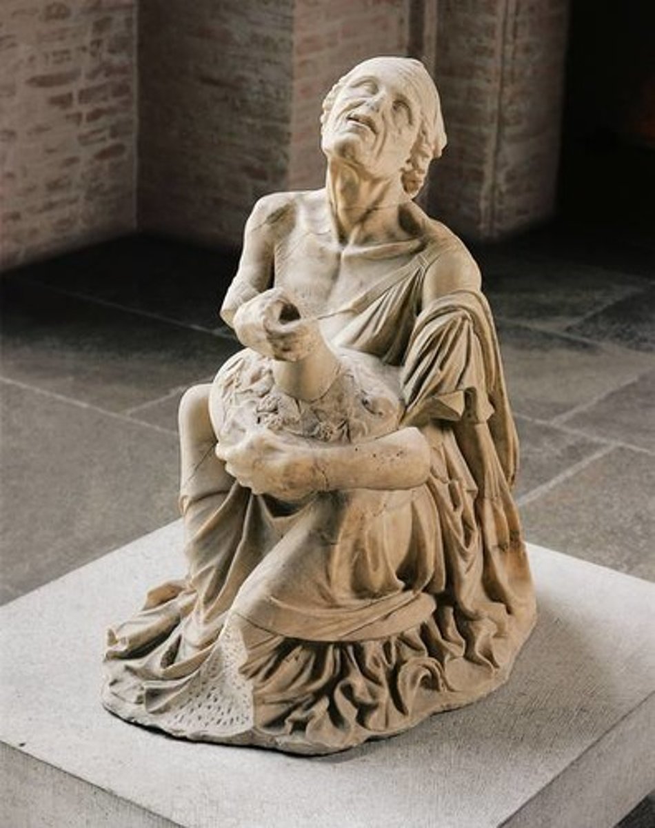 <p>- <span class="bgP">3rd cent bce (early/high hellenistic pd)</span></p><p>- <span class="bgP">from Smyrna (asia minor)</span></p><p>- <span class="bgP">made by Myron</span></p><p>- roman copy</p><p>- old woman is seated holding a vessel of wine (maybe prostitute??)</p><p>- comparison can be made to Dancing Maenad --&gt; maenads are related to Dionysos, god of wine, and woman is drunk</p>