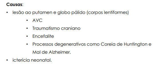 <ul><li><p>condição em que as mãos e os pés não podem ser mantidos em qualquer posição em que são colocados </p></li><li><p>movimentos involuntários contínuos, lentos e irregulares </p></li><li><p> atetose é um fluxo contínuo de movimentos lentos, de torção ou de contorção</p></li></ul><p></p>