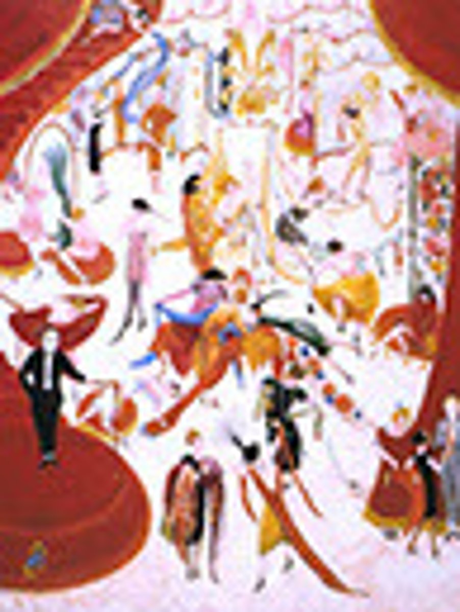 <p>Florine Stettheimer, Spent most of childhood in Europe, was not formally trained, some works were unsettling or considered vulgar, painting based on frenzy of seasonal shopping at Henri Bendel's, ready made clothes, portrays high and popular culture, mostly warm colors. Older woman in orange references portrait of Prince Khurram, woman in black lingerie ref. The Adoration of the Golden Calf</p>