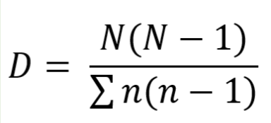 <p>D = Diversity index</p><p>N = Total number of organisms</p><p>n = Number of organisms in a particular species</p><p>High index value suggest stable site with many different niches</p><p>Low index value suggests few potential niches where only a few species dominate</p>