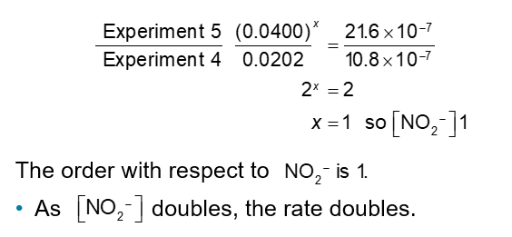 <p>Finding <em>x</em>: In experiments 1-3, the NH<sub>4</sub><sup>+</sup>concentration is constant, so any change in rate is due to [NO<sub>2</sub><sup>-</sup>]</p>