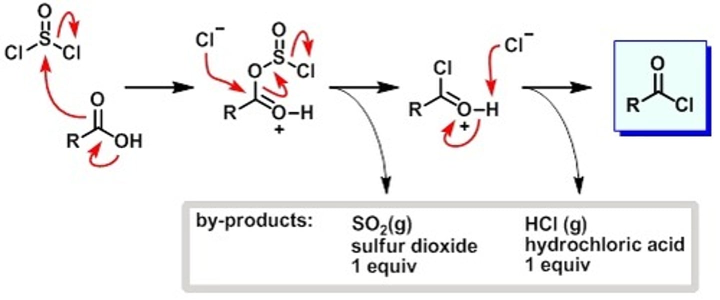 <p>Thionyl Chloride</p><p>With Carboxylic acid</p><p>Makes for a good leaving group</p><p>Acyl Chloride from carboxylic acid + SOCl2 + pyridine</p>