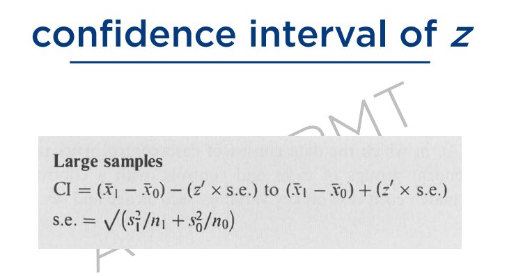 <p>This formula is still confidence interval but there is a difference, what is it?</p><ul><li><p><span style="color: yellow">Mean of the control and the treatment.</span></p></li><li><p><span style="color: yellow">Controlled sample group and Treatment sample group</span></p></li></ul><p><span style="color: yellow">We are talking about 2 means, we must know the difference between the 2 means, that’s why it is subtracted. But why did we add are standard errors, why is it not the same as the mean that it was subtracted, even if we are talking about the difference of the means?</span></p><p>Why Add the Standard Errors?</p><ul><li><p><strong>Standard error</strong> is like a "fuzziness" or "uncertainty" in the measurement.</p></li><li><p>Each group (control and treatment) has its own fuzziness.</p></li><li><p>To figure out how fuzzy the difference is, you combine the fuzziness of both groups by <strong>adding</strong> their standard errors (but mathematically, using squares and square roots).</p></li></ul><p>Why Not Subtract Standard Errors?</p><ul><li><p>Fuzziness (uncertainty) from both groups adds up—it doesn't cancel out.</p></li><li><p>Think of it like this:</p><ul><li><p>If two people are guessing the height of a building and both are unsure, their uncertainties combine.</p></li><li><p>You can't cancel out uncertainty, so you <strong>add it up</strong>.</p></li></ul></li></ul><p><strong>Add the standard errors</strong> to account for the uncertainty from both groups.<br>This gives you a proper confidence interval for the difference.</p><p></p>