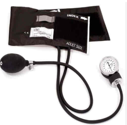 <p>a medical device used to measure blood pressure. It consists of an inflatable cuff that is wrapped around the upper arm and connected to a gauge that displays the pressure.</p>