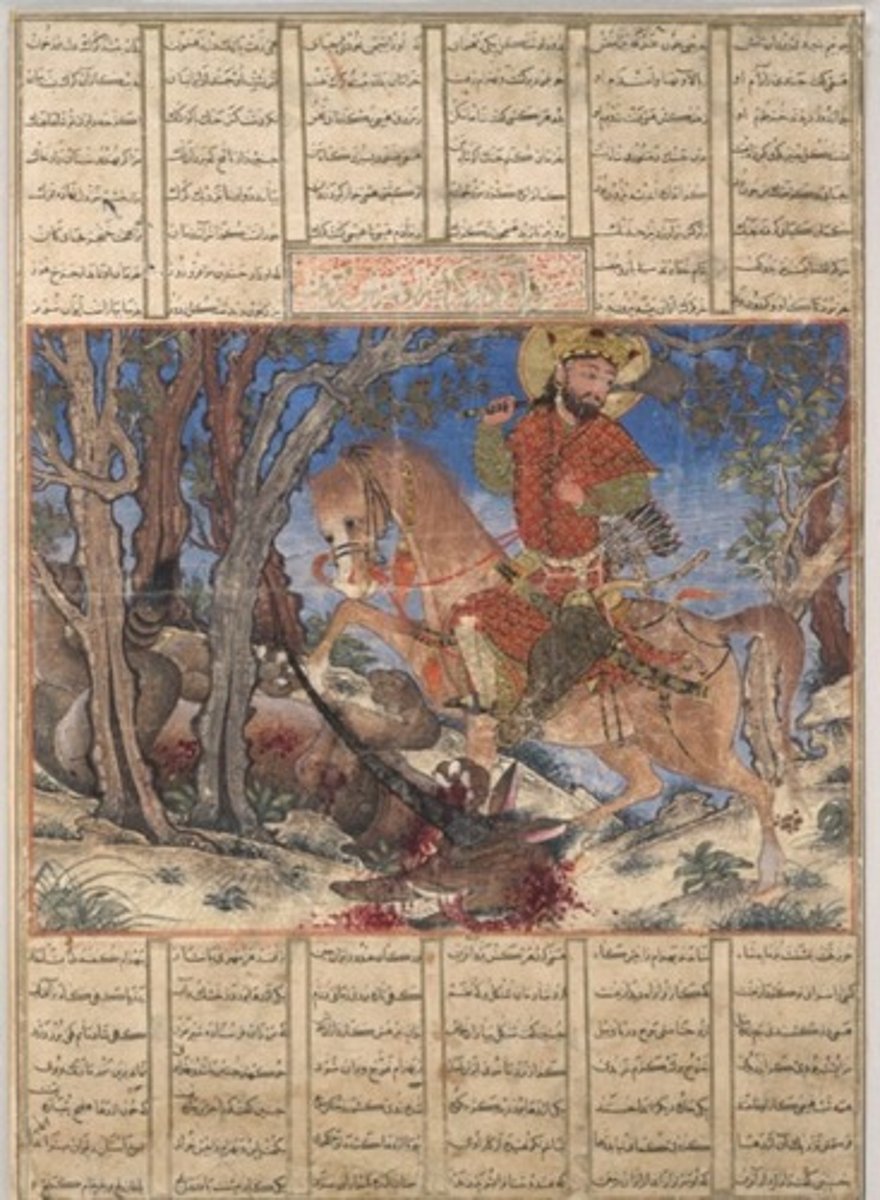 <p>Great Il-Khanid Shahnama</p><p>Persia, Islamic</p><p>ink and water color, gold and silver on paper</p><p>to entertain/tell a story, political propaganda</p>