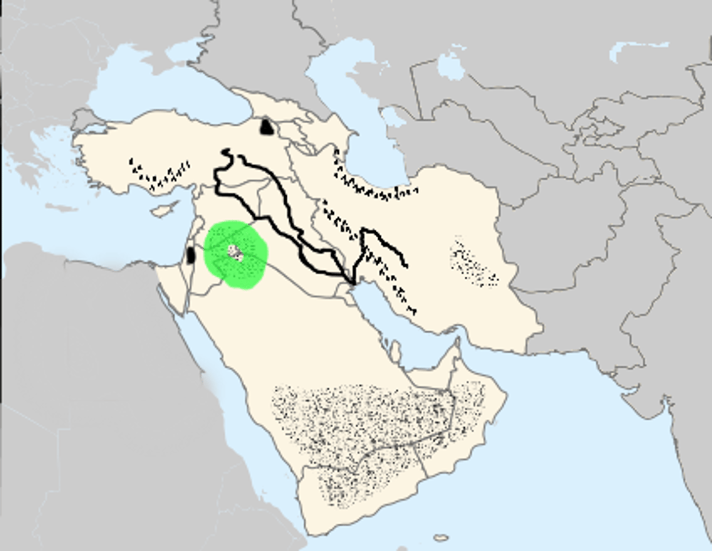 <p>A desert in Southwest Asia covering much of the Arabian Peninsula between the Mediterranean coast and the Euphrates River.</p>