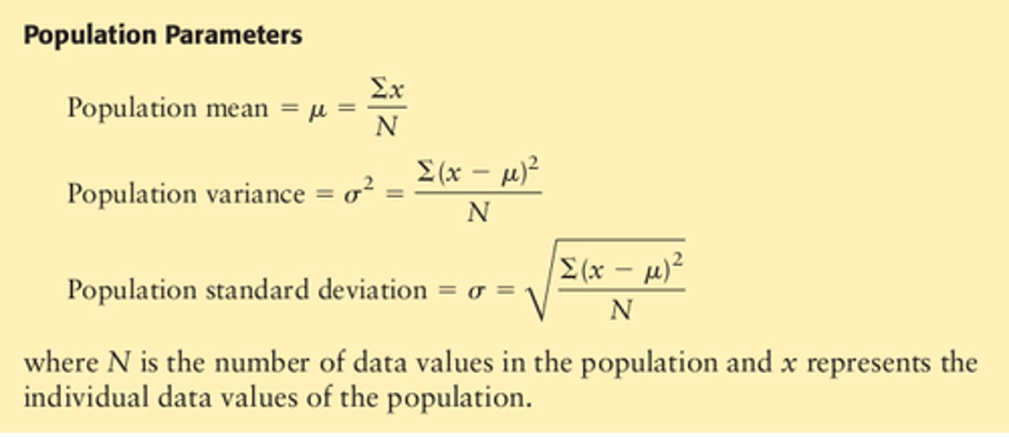 <p>Any summary number that describes characteristics of the entire population; a fixed quantity or statistical measure that is used as the value of a variable in some general distribution or frequency function to make it descriptive of that population</p>