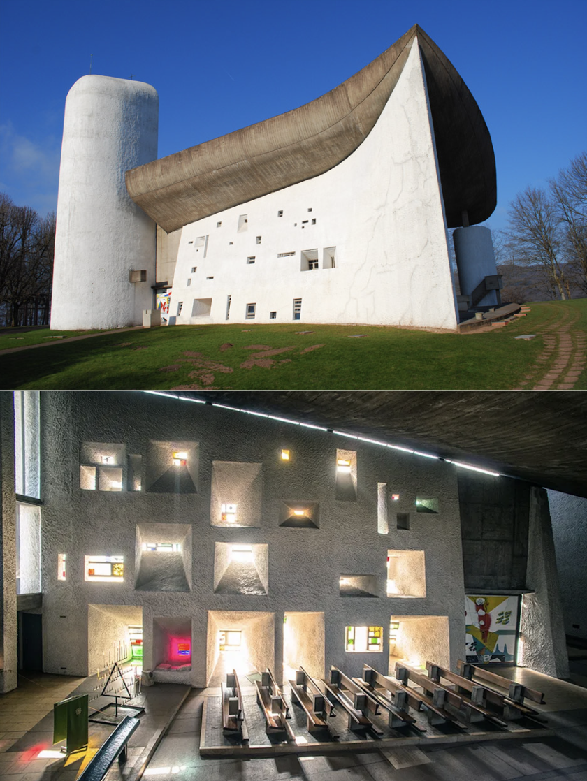 <ul><li><p>pilgrimage church</p></li><li><p>functional requirements of church but work of art</p><ul><li><p>roof is light + well supported, stained glass</p></li></ul></li><li><p>pure sculptural form</p><ul><li><p>religion other wordly, personal interpretation</p></li></ul></li></ul><p></p>