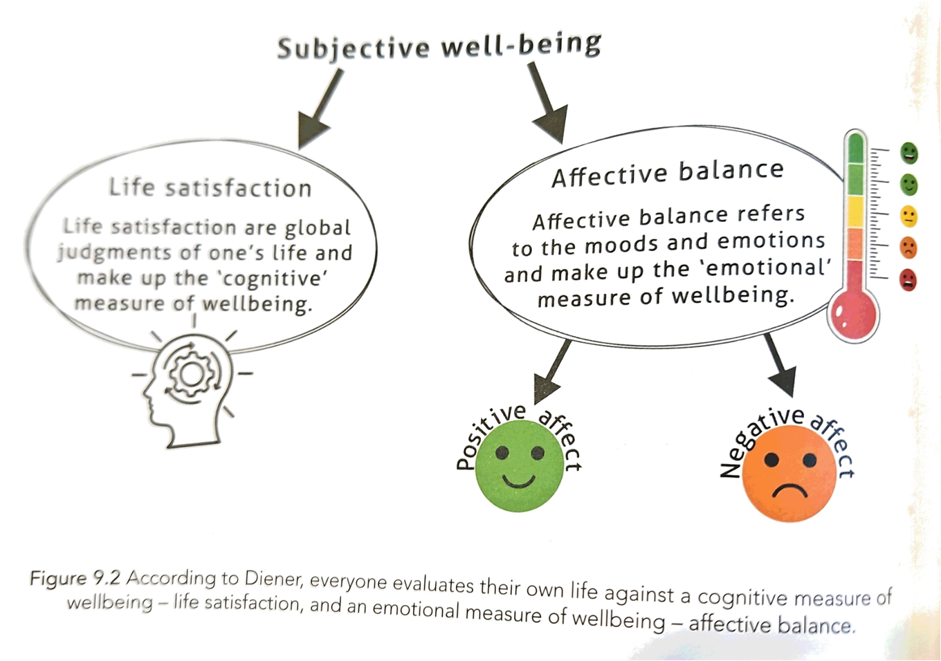 <p>The mixture of negative and positive measures and overall emotional (Affective balance) and cognitive (Life satisfaction) assessment of life that is personal to an individual</p>