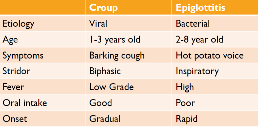 <p>Croup: Subglottic narrowing</p><p>Epiglottis: Epiglottic swelling</p>
