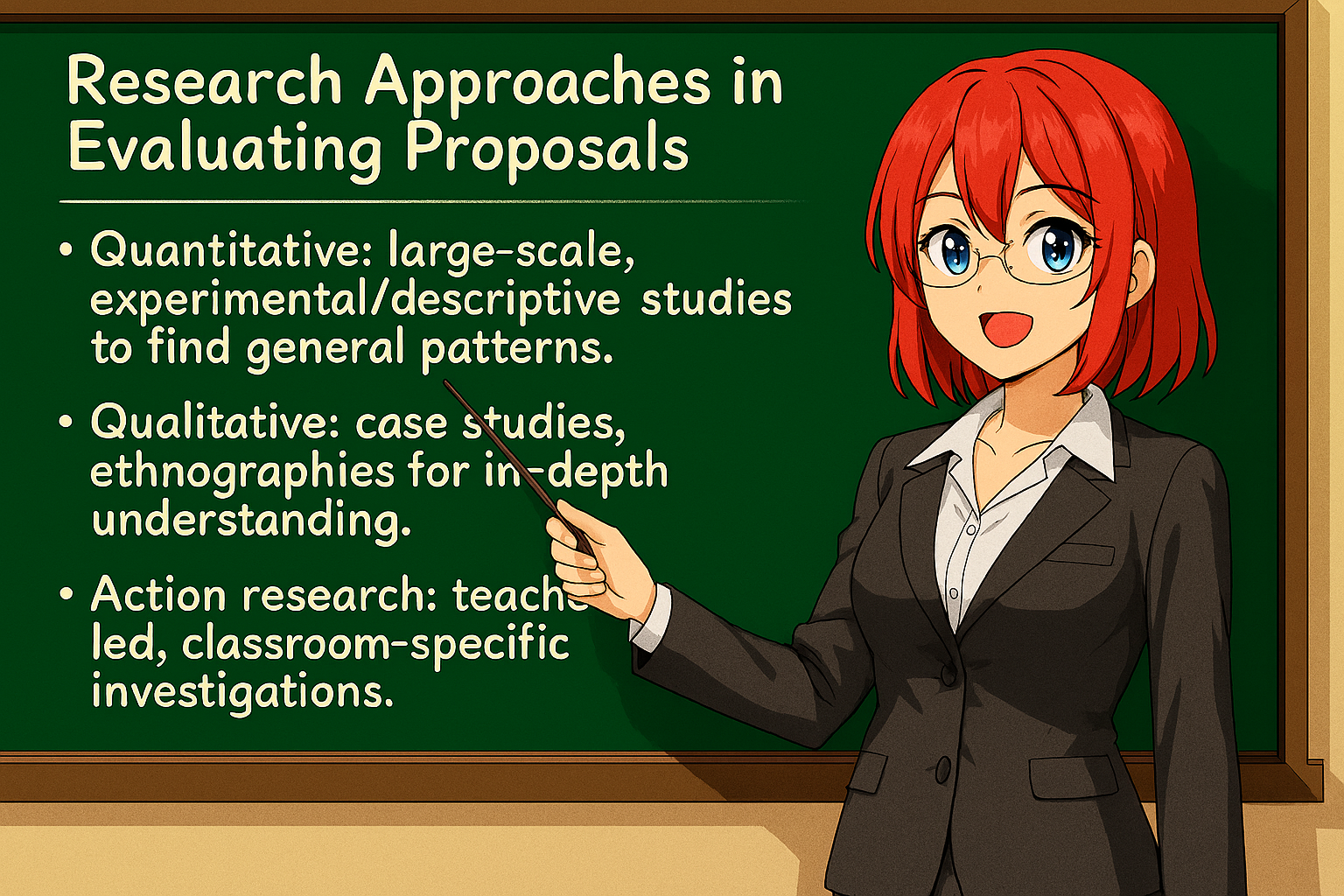 <ul><li><p><strong>Quantitative</strong>: large‑scale, experimental/descriptive studies to find general patterns.</p></li><li><p><strong>Qualitative</strong>: case studies, ethnographies for in‑depth understanding.</p></li><li><p><strong>Action research</strong>: teacher‑led, classroom‑specific investigations.</p></li></ul><p></p>