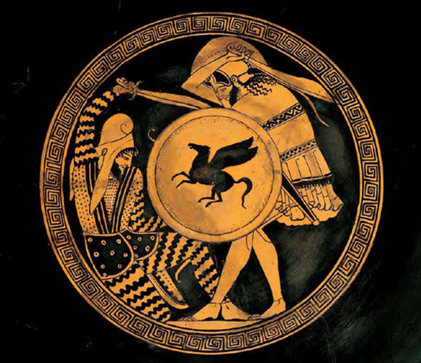 <p>5th century BCE red-figure kylix. Shows a Persian (phrygian cap, pattenred outfit), being defeated by the Greek. The Greek is visually centred with the shield and the Persian is below the Greek</p>