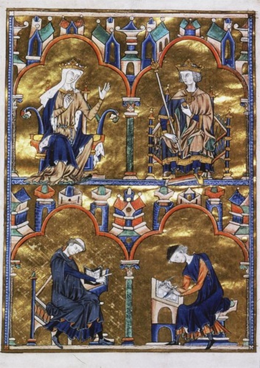 <p>Gothic Europe. c. 1225-1245 C.E. Illuminated manuscript (ink, tempera, and gold leaf on vellum). <br><br>Commemorates Louis IX, or Saint Louis, of France and his mother. The architectural frame is reminiscent of cathedral reliefs and stained glass windows. Monks below are engaged in their craft.</p>