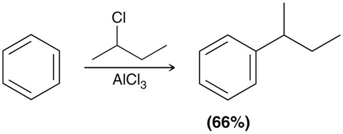 <p>Using an akyl halide and AlCl<sub>3 </sub>as the acid catalyst produces a benzene with an akyl group. The carbocation acts as the electrophile. This reaction can also be done using a terminal alkene and H<sup>+</sup> (a tertiary carbocation) or using cyclohexanol and BF<sub>3</sub> where the OH-BF<sub>3</sub> will act as a LG and form a secondary carbocation. </p>