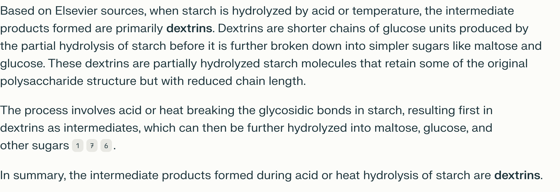 <p><strong>Tinh bột bị thuỷ phân bởi acid vô cơ, nhiệt hoặc amylase của hệ tiêu hoá sẽ tạo thành các sản phẩm trung gian gọi là ?</strong></p><p>A. Dextrin</p><p>B. Acid hyaluronic</p><p>C. Heparin</p><p>D. Dextran</p>