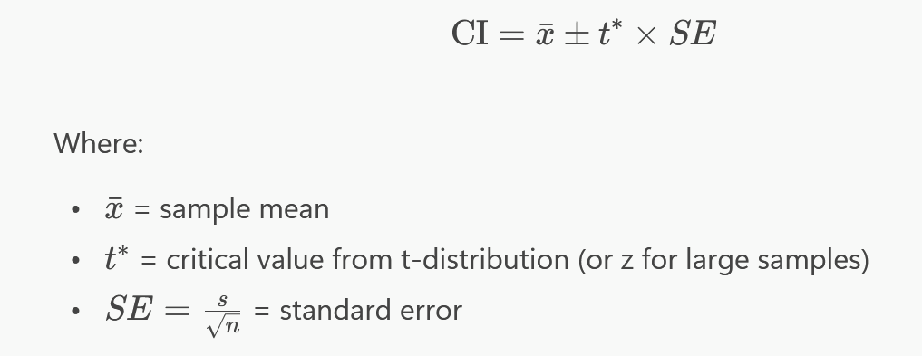 <ul><li><p>range of values that is likely to contain the<strong> true population parameter </strong>with a specified level of confidence</p></li><li><p>range of candidate population means that would not be rejected by a two-sided significance test</p></li></ul><p></p>